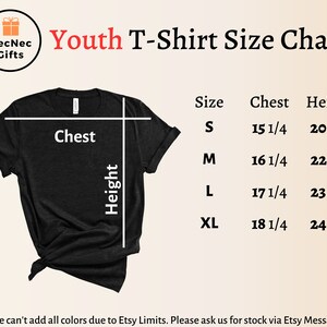 May include: Youth T-shirt size chart with measurements in inches. The chart shows the chest and height measurements for sizes S, M, L, and XL.