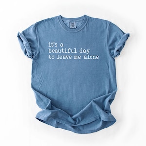 May include: A blue t-shirt with the text "it's a beautiful day to leave me alone" printed in white.