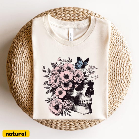 Skull With Flowers and Butterfly Shirt, Floral Butterfly Skeleton Tee, Botanical Retro Boho Tee, Bloom Skull Fall Halloween Tee, Witchy Gift