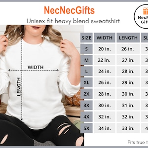 May include: Size chart for a unisex fit heavy blend sweatshirt. The chart shows the width, length, and sleeve length in inches for sizes S through 5X.