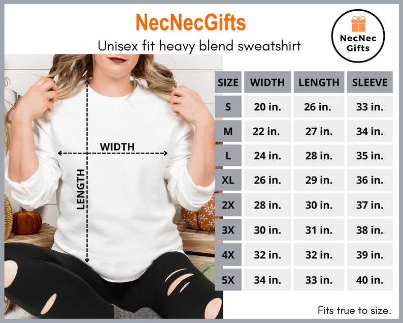 May include: Size chart for a unisex fit heavy blend sweatshirt. The chart shows the width, length, and sleeve length in inches for sizes S through 5X.