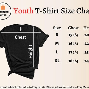 May include: Black youth t-shirt with a size chart. The chart lists sizes S to XL, with chest and height measurements in inches. The text "Youth T-Shirt Size Chart" is in red. The brand logo is in the upper left corner.