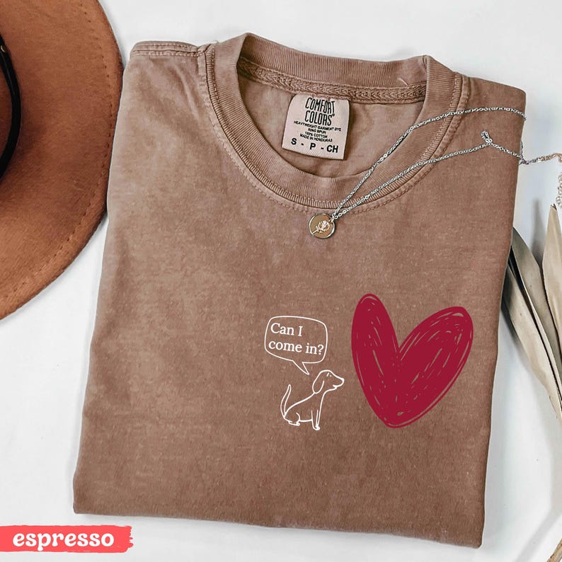 May include: Espresso-colored t-shirt with a graphic of a dog and a heart. The dog has a speech bubble that says "Can I come in?". The shirt has a crew neck and short sleeves. A silver necklace with a pendant is on the shirt.