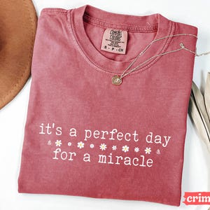 May include: A crimson red t-shirt with the text "it's a perfect day for a miracle" in white lettering. The shirt has a distressed look and features small white flowers around the text.