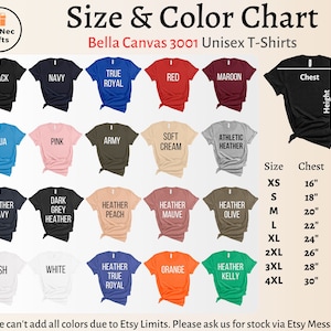 Puede incluir: Tabla de tallas y colores para camisetas unisex Bella Canvas 3001. La tabla muestra 16 colores diferentes, incluyendo negro, azul marino, azul royal, rojo, granate, aguamarina, rosa, verde militar, crema suave, gris deportivo, azul marino jaspeado, gris jaspeado oscuro, melocot&oacute;n jaspeado, malva jaspeado, oliva jaspeado, ceniza, blanco, azul royal jaspeado, naranja y kelly jaspeado. La tabla tambi&eacute;n muestra las medidas de pecho y altura para cada talla, desde XS hasta 4XL.