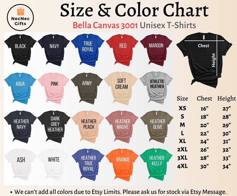 Puede incluir: Tabla de tallas y colores para camisetas unisex Bella Canvas 3001. La tabla muestra 16 colores diferentes, incluyendo negro, azul marino, azul royal, rojo, granate, aguamarina, rosa, verde militar, crema suave, gris deportivo, azul marino jaspeado, gris jaspeado oscuro, melocot&oacute;n jaspeado, malva jaspeado, oliva jaspeado, ceniza, blanco, azul royal jaspeado, naranja y kelly jaspeado. La tabla tambi&eacute;n muestra las medidas de pecho y altura para cada talla, desde XS hasta 4XL.