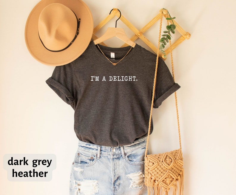 May include: Dark grey heather V-neck t-shirt with the text "I'm a Delight." printed in white. The shirt is hanging on a wooden hanger with a straw bag and a hat.