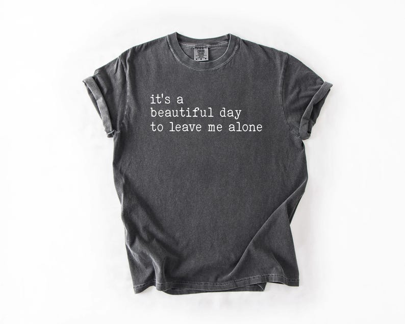 May include: A dark gray t-shirt with the text "it's a beautiful day to leave me alone" printed in white.