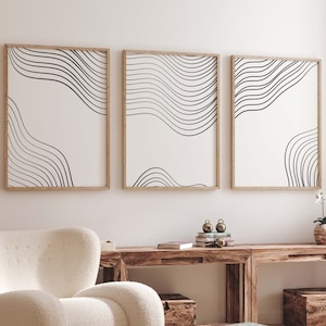 Minimalistische schwarz und weiß Linie Kunst Set Abstrakte Welle Wand Dekor moderne skandinavische Kunstdruck Instant Download