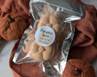 May include: A clear, resealable plastic pouch containing multiple light orange, pumpkin-shaped shower steamers. A circular white label on the front of the pouch features the text "Pumpkin Spice SHOWER STEAMERS" in black and orange lettering.