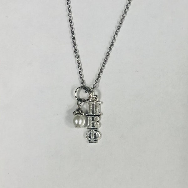 Pi Beta Phi PBP Sorority Lavaliere Necklace with Pearl Dangle in Silver