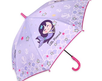 Kids Umbrellas, Mermaid Design Umbrella Lightweight, Curved Handle, Toddler Umbrella, Windproof Umbrella with Whistle, Gift For Kids