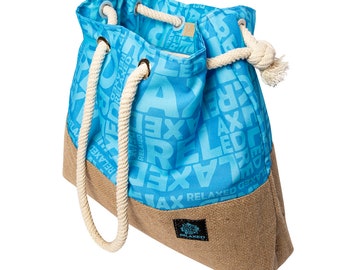 Beach Shoulder Bag for Women, Design Tote Bag, Large and Lightweight Summer Pool Bag, Special Design, Biggdesign Moods Up Blue Jute Bag