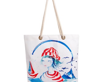 Women Beach Bag, Tote Shoulder Bag for Women, Tote Bag, Sailor Girl Beach Bag, White Bag, Designer Handbags for Travel, Gift For Her,