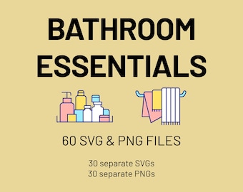 May include: A set of 60 bathroom essentials SVG and PNG files. The image shows two icons: a shelf with bottles of toiletries and a towel rack with a towel hanging on it. The text "60 SVG & PNG FILES" is below the icons. The text "30 separate SVGs" and "30 separate PNGs" is below the text "60 SVG & PNG FILES".