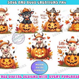 Clipart de vacas das terras altas de outono, clipart de outono, clipart de abóbora, estampa de animal bebê, pacote de vacas das terras altas de outono, designs de sublimação, tendências de outono