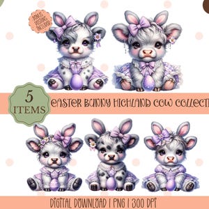 May include: Five digital illustrations of Highland cows dressed as Easter bunnies. Each cow is wearing a purple dress with a white polka dot pattern and a purple bow. They are holding Easter eggs in their hooves. The illustrations are in a cartoon style and are perfect for crafting projects.