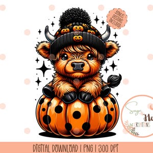 かわいいハイランド牛のハロウィンPng、カボチャPng、不気味な季節、かわいい牛のクリップアート、ハロウィンステッカー、ハロウィン愛好家Png、子供向けハロウィンクリップアート