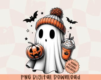 Leuke Halloween-spook PNG, herfstkoffie Halloween, spook met pompoen, spookachtig seizoen, herfstdecor, Halloween-stickers, Pumpkin Spice-koffie