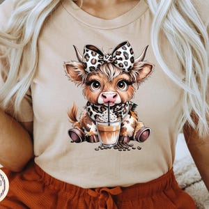 Coffee Addict Highland Cow Png sublimation Digital Download,Leopard Print Coquette Bow,Coffee Lover image 2