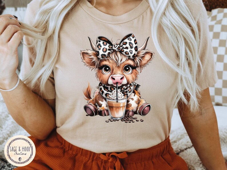 Coffee Addict Highland Cow Png sublimation Digital Download,Leopard Print Coquette Bow,Coffee Lover image 2