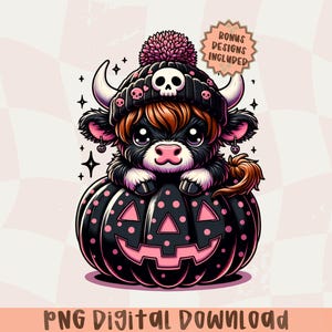 May include: A cartoon illustration of a black cow wearing a skull-themed hat and sitting inside a black and pink pumpkin. The image has the text "PNG Digital Download" and "Bonus Designs Included".