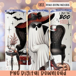 Bicchiere Bougee Ghost da 20 once in formato PNG, Bicchiere Halloween Boojee Skinny da 20 once con stampa a sublimazione in formato PNG, Download del design del bicchiere Trendy Coquette Ghost