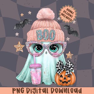 May include: A cute ghost illustration wearing a pink knit hat with the word "BOO", sparkly glasses, and a light blue cape. A pumpkin with a black and white bow, bats, and stars complete the Halloween theme. A pink drink and the text "PNG Digital Download" are also included.