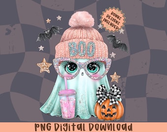 Ghost Pumpkin Halloween Png,Cute Girly Halloween Ghost Shirt Design,Sparkly Pastel Halloween, Kawaii Halloween Ghost Mug Sublimation Design