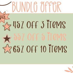 Może przedstawiać: Zielono-biała grafika z tekstem "BUNDLE OFFER" w kolorze r&oacute;żowym. Grafika zawiera listę rabat&oacute;w za zakup wielu przedmiot&oacute;w: 45% zniżki na 3 przedmioty, 55% zniżki na 5 przedmiot&oacute;w i 65% zniżki na 10 przedmiot&oacute;w.