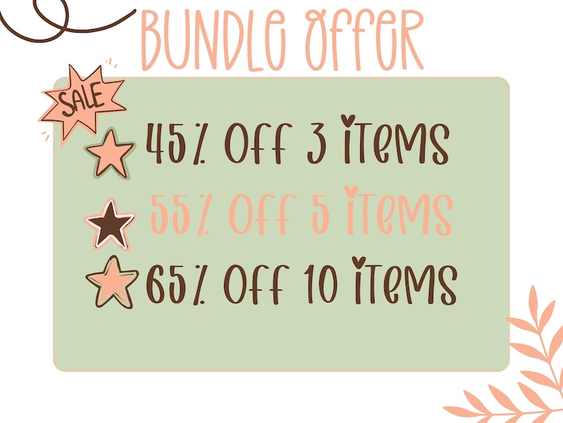Może przedstawiać: Zielono-biała grafika z tekstem "BUNDLE OFFER" w kolorze r&oacute;żowym. Grafika zawiera listę rabat&oacute;w za zakup wielu przedmiot&oacute;w: 45% zniżki na 3 przedmioty, 55% zniżki na 5 przedmiot&oacute;w i 65% zniżki na 10 przedmiot&oacute;w.