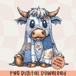 May include: A digital illustration of a cartoon cow wearing a patchwork outfit in shades of blue, brown, and white. The cow has large, round eyes and brown horns. Text at the bottom reads "PNG Digital Download" and "Bonus Designs Included."