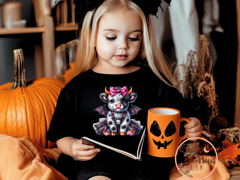 May include: Black t-shirt featuring a cartoon cow with bat wings, a pink bow, and a skull. An orange mug with a jack-o'-lantern face is held in the hand. A large pumpkin is in the background. Halloween theme.