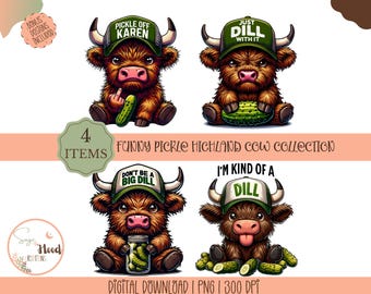 Lindo sombrero de pepinillo con estampado de vaca de las Tierras Altas en formato PNG, "Solo dill con eso", diseño de camiseta gráfica con humor de vaca gruñona, regalo para amantes de los animales de granja, diseño de camiseta de vaca