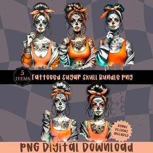 Sugar Skull PNG Bundle, Día de los Muertos Art, Tattooed Skeleton Woman Clipart, Halloween Decor, Instant Digital Download for Wall Art