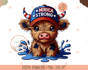July 4th Highland Cow PNG, Merica Funny Cute Baby Cow Fourth Of July Sublimation Design, Trendy America USA Popular PNG, Digital Download