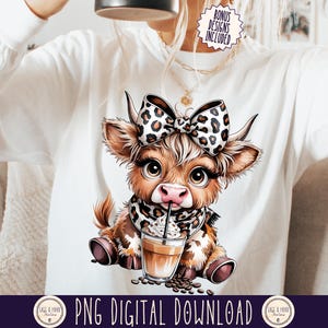 Coffee Addict Highland Cow Png sublimation Digital Download,Leopard Print Coquette Bow,Coffee Lover