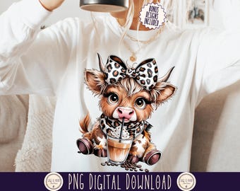 Coffee Addict Highland Cow Png sublimation Digital Download,Leopard Print Coquette Bow,Coffee Lover