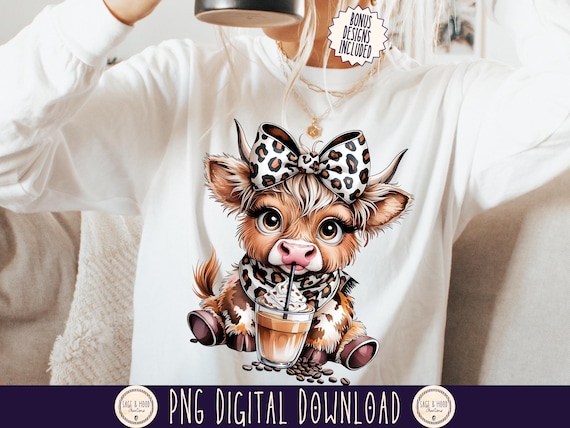Coffee Addict Highland Cow Png sublimation Digital Download,Leopard Print Coquette Bow,Coffee Lover