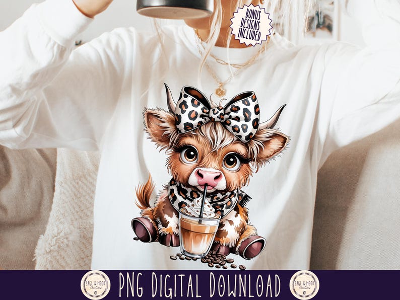 Coffee Addict Highland Cow Png sublimation Digital Download,Leopard Print Coquette Bow,Coffee Lover image 1