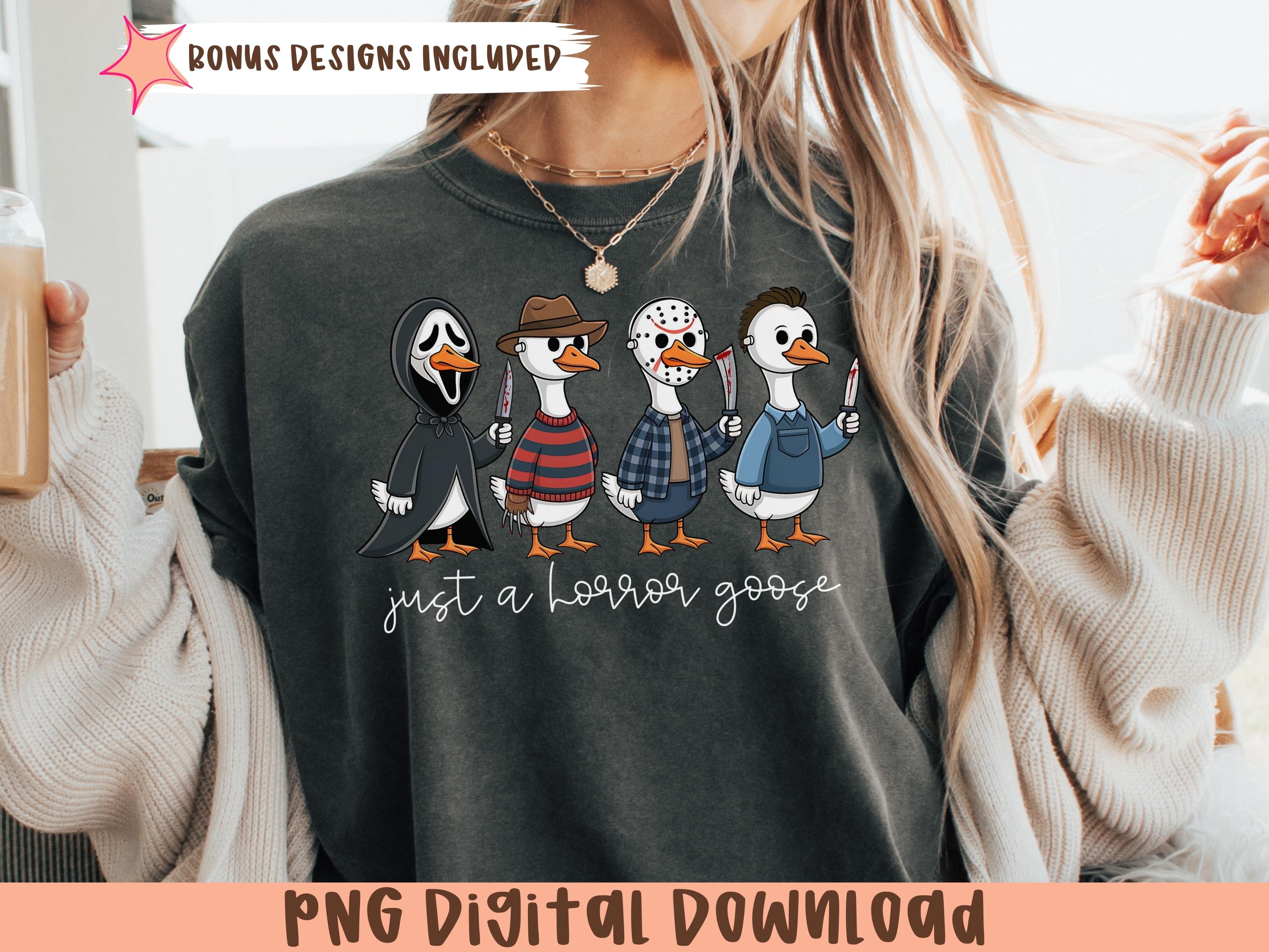 Divertente immagine PNG di Halloween in sublimazione digitale, film horror in formato PNG, Just A Horror Goose in formato PNG, design per maglietta Silly Goose, regalo per gli amanti di Halloween, PNG spettrale