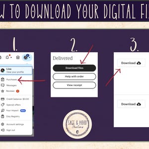 May include: A step-by-step guide on how to download digital files, with the text "HOW TO DOWNLOAD YOUR DIGITAL FILES" at the top. The guide shows the Etsy interface, highlighting the "Purchases" section and the "Download files" button.