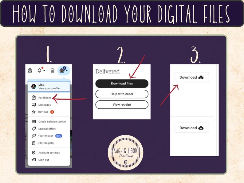 May include: A step-by-step guide on how to download digital files, with the text "HOW TO DOWNLOAD YOUR DIGITAL FILES" at the top. The guide shows the Etsy interface, highlighting the "Purchases" section and the "Download files" button.