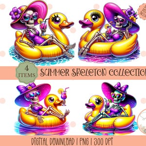 May include: Four digital illustrations of skeletons in summer outfits, each riding a yellow rubber ducky float. The skeletons are wearing sunglasses, hats, and bathing suits. The background is a light blue with white polka dots.
