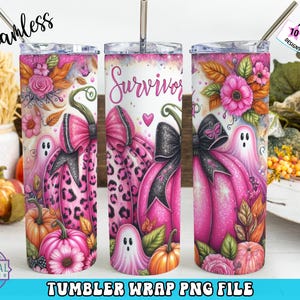 Pink Pumpkin Ribbon Awareness Breast Cancer Survivor Tumbler Wrap 20 oz Skinny Tumbler Sublimation Design Digital Download PNG Instant