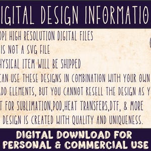 May include: A digital design information graphic with white text on a dark purple background. The text includes details about the digital files, such as 300 DPI high-resolution files, and usage rights for personal and commercial use.