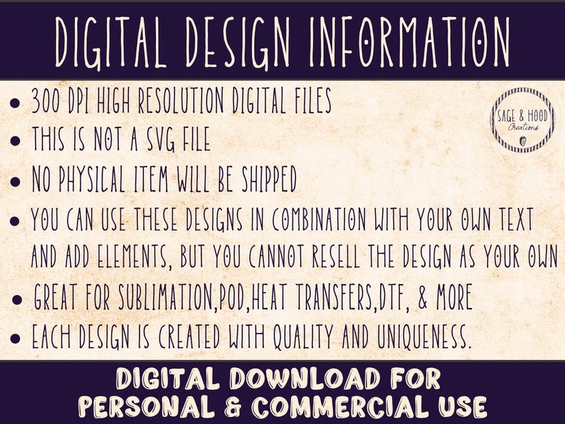 May include: A digital design information graphic with white text on a dark purple background. The text includes details about the digital files, such as 300 DPI high-resolution files, and usage rights for personal and commercial use.