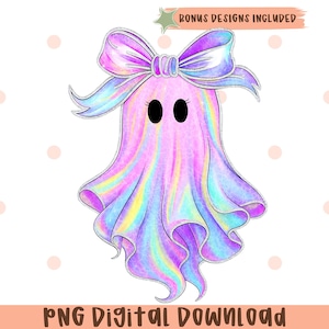 May include: A whimsical digital illustration of a ghost with a large bow. The ghost is a pastel rainbow color with black eyes. The image includes the text "PNG DIGITAL DOWNLOAD" and "BONUS DESIGNS INCLUDED".