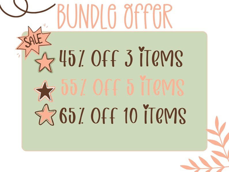 May include: A promotional graphic with the text "BUNDLE OFFER" in pink script. It highlights bundle discounts: 45% off 3 items, 55% off 5 items, and 65% off 10 items. A "SALE" starburst graphic is in the upper left.