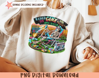May include: A cream-coloured sweatshirt with a vibrant graphic. The graphic depicts a skeleton relaxing in a deckchair with a boombox, toy cars, and the text "RAISED ON GENX AND NEGLECT". Includes "BONUS DESIGNS INCLUDED" text.